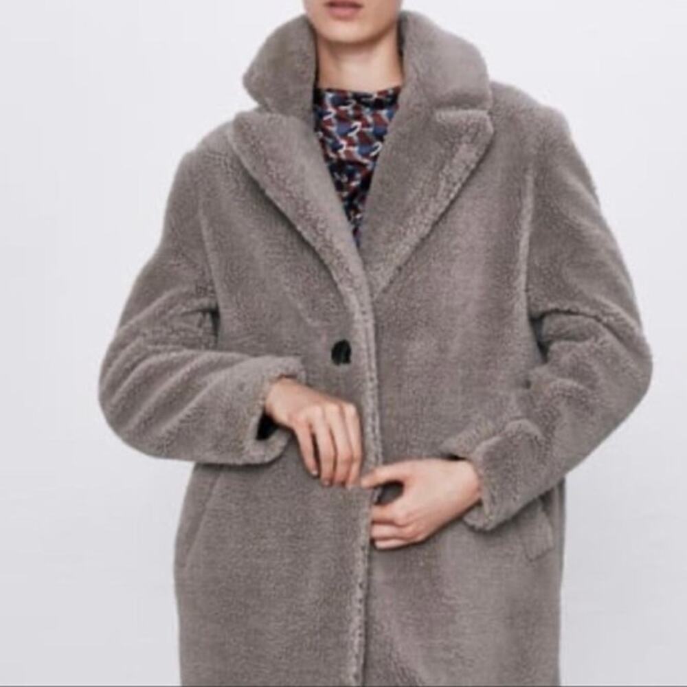 Zara grey teddy bear fur knee length cozy longn sleeve coat size xsmall …